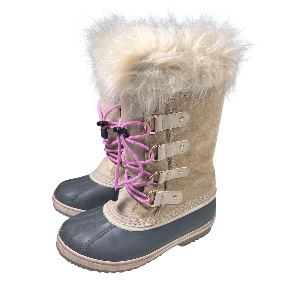 Sorel Joan of Arctic Girls 4 Tan Gray Pink Snow Boots Faux Fur Waterproof NY1963